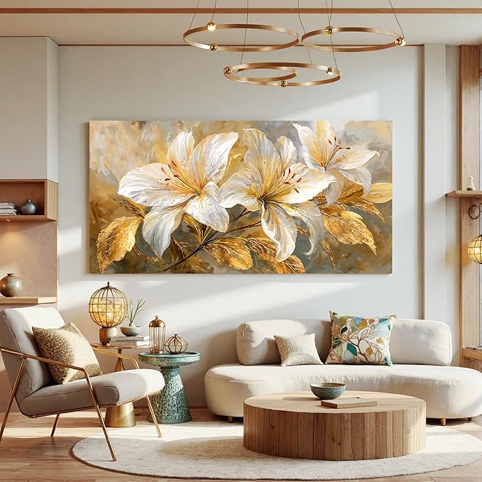 Canvas Wall Art Decor White Flower Pictures Wall Decor For Living Room Gold Botanical Wall Art Decor Modern Aesthetics Wall Art Paintings Prints For Home Bedroom Office Room Wall Decor 20×40 Inch