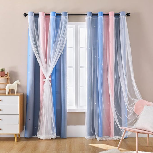 XiDi Dream Star Blackout Curtains for Kids Rooms Girl Princess Curtain for Daughter Bedroom Window (Pink Grey Blue, W52 X L72)