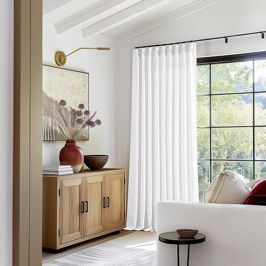 60 Inch Width Curtains 90 Inches Long Linen Curtains Pinch Pleated 90 Inch Length for Living Room Bedroom White Semi Sheer Back Tab Hooks Rings Pinch Pleat for Patio Glass Door 1 Panel