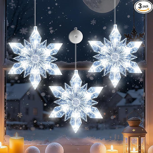 3Pack Christmas Window Lights Decorations with Timer,Battery Powered Christmas Hanging White Lighted Snowflake Shaped LED Sucker for 2026 Xmas Tree Fireplace Indoor Decor
