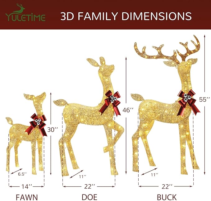 YULETIME 3-Piece Pre-Lit 3D Christmas Reindeer Family, Lighted Glitter Deer Holiday Decoration With Warm White LED Lights