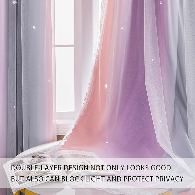 XiDi Dream Star Blackout Curtains for Kids Rooms Girls Princess Curtain for Bedroom Window 84 inches Long (Grey Pink Purple, W52 X L84)