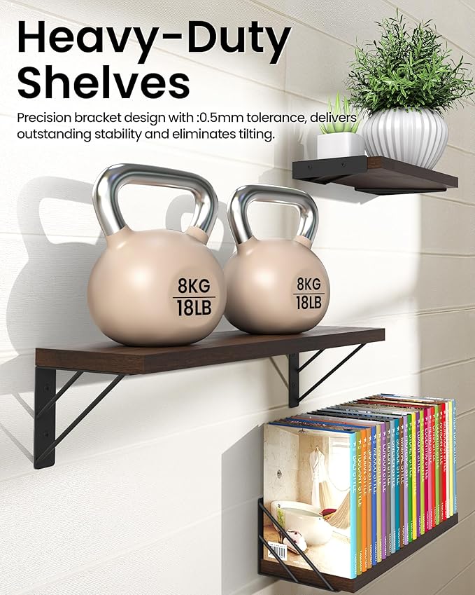BAYKA Floating Shelves for Wall, Book Shelf for Bedroom, Wall Decor Shelves for Living Room Kitchen, Wood Floating Shelf for Home Decor, Corner Shelf for Bathroom, Office(Dark Brown,Set of 3)