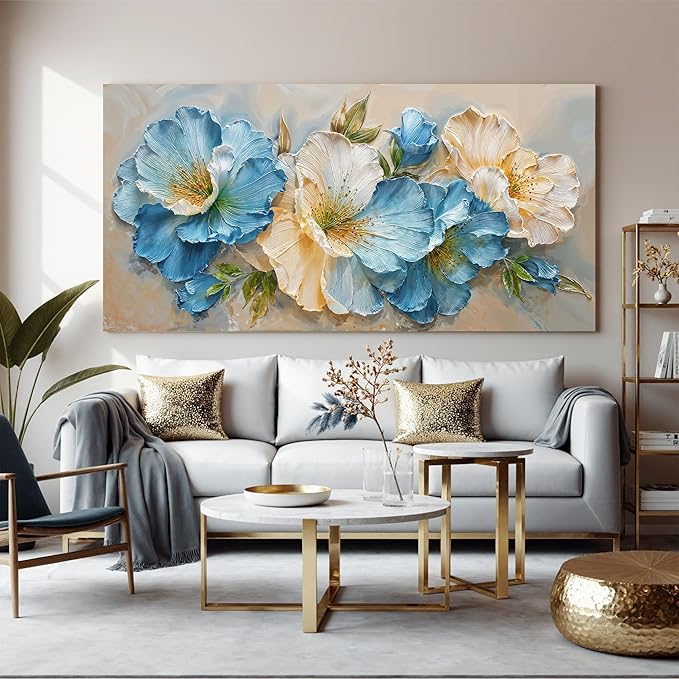Canvas Wall Art Decor large White Blue Flower Art pictures for living room wall Green Botanical Wall Art Decor Paintings Prints Modern Aesthetics Wall Art For Bedroom Office Room Wall Decor 24×48Inch