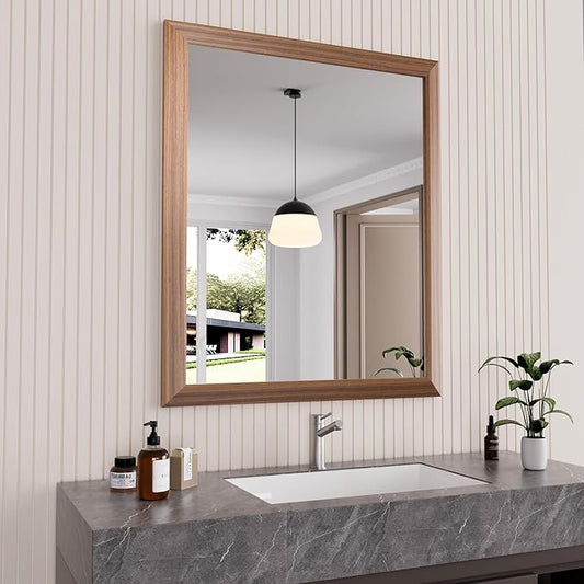 Amorho 30 X36 Inch Bathroom Mirror for Wall, Walnut Wood Grain Metal Framed Mirror, Anti-Rust, Hang Horizontally/Vertically, Suitable for Bedroom, Farmhouse, Bathroom, Decorative