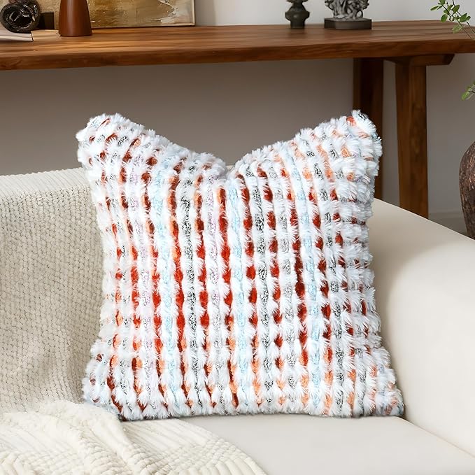 Boho Chenille Tufted Pillow Cover 20x20 Inch Set of 1, Farmhouse Striped Decorative Pillow Covers Accent Fluffy Neutral Square Pillowcases for Couch Sofa Bedroom Living Room, Orange White