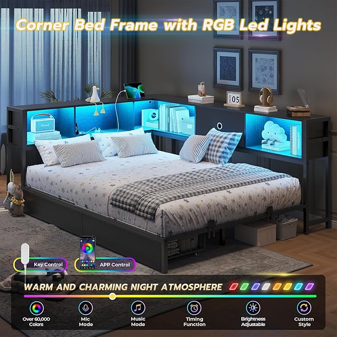 DICTAC Full Corner Bed Frame with Bookcase Storage and Led Lights Metal Platform Bed Frame Full Size with Storage Drawers & Charging Station Full Size Daybed for Teen/Adult,No Box Spring Needed,Black