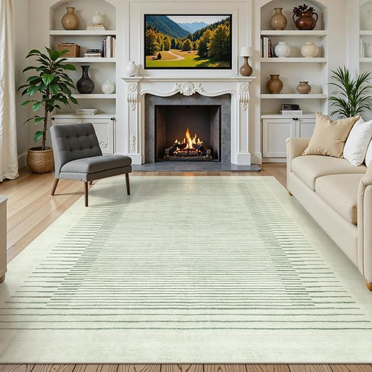 Morebes Green 8x10 Area Rug for Living Room, Modern Geometric Washable Bedroom Rugs Non Slip, Striped Soft Low Pile Indoor Carpet for Dining Room Home Department(8'x10',Sage Green)