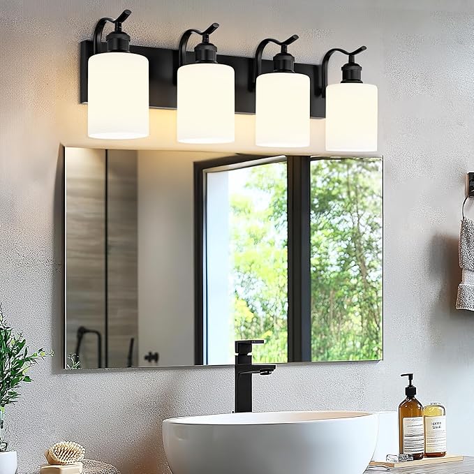 Black Vanity Light, 4-Light Bathroom Light Fixture, Modern Wall Sconce with Milk Glass, VL01BKW-4