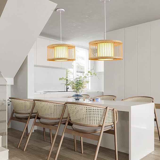 Rattan Pendant Lights, 15.8" Boho Wicker Pendant Light Handwoven Rattan Chandelier Beach Country Natural Hanging Light for Dining Room Kitchen Living Room Bedroom