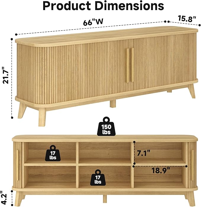 66" TV Stand for 80 Inch TV, Modern Entertainment Center with Storage Cabinet and Adjustable Shelves, Mid-Century Wood Curved TV Media Console with Sliding Doors for Living Room, Bedroom, Natural Oak