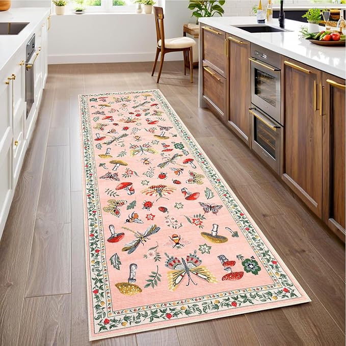 Mushroom Insect 2x6 Runner Rug for Hallway Washable Kitchen Rugs Non Slip with Rubber Back Light Pink Low-Pile Stain Resistant Indoor Carpet for Entryway Bathroom Laundry Dorm