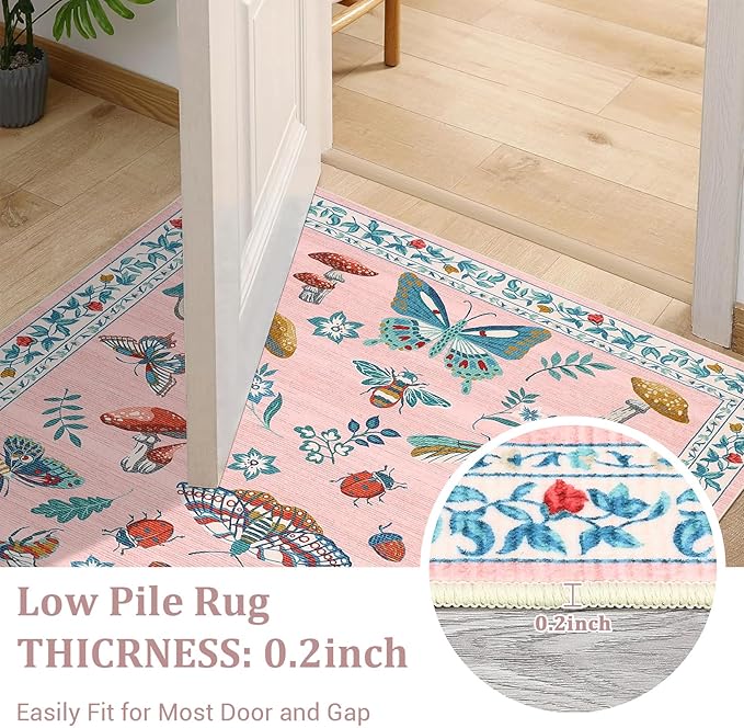 Mushroom Insect 2x6 Runner Rug for Hallway Washable Kitchen Rugs Non Slip with Rubber Back Pink Low-Pile Stain Resistant Indoor Carpet for Entryway Bathroom Laundry Dorm