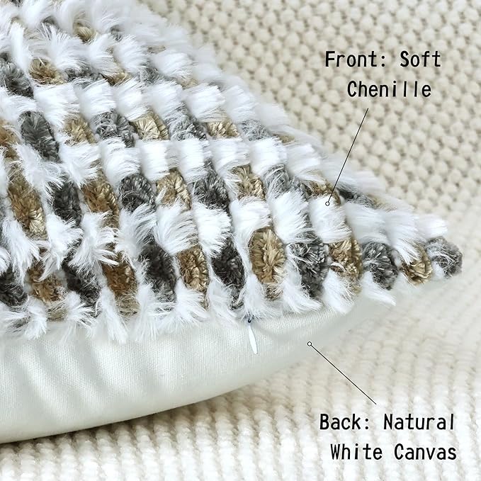 Boho Chenille Tufted Pillow Cover 20x20 Inch Set of 1, Farmhouse Striped Decorative Pillow Covers Accent Fluffy Neutral Square Pillowcases for Couch Sofa Bedroom Living Room, Brown Gray