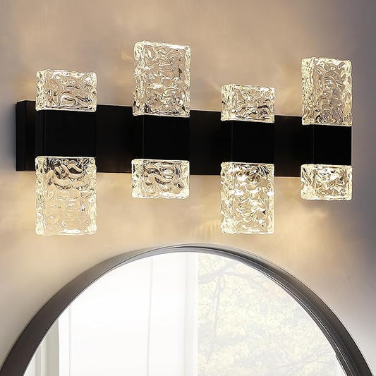 VINLUZ LED Bathroom Light Fixtures Over Mirror, 4 Light Black Vanity Lights with Crystal Lampshade, 32 W Classic Bath Wall Sconces Lighting for Cabinets Dressing Room