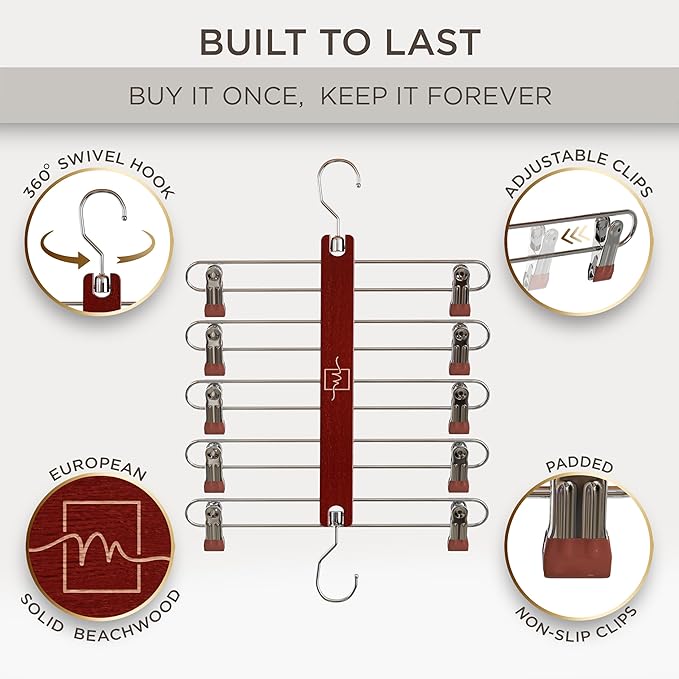 MORALVE Skirt Hangers Space Saving with Clips - 2 Pack - European Beechwood 5-Tier Hanger for Shorts, Skirts, and Pants - Closet Organizer and Storage Solution for Women with 360° Swivel Hook