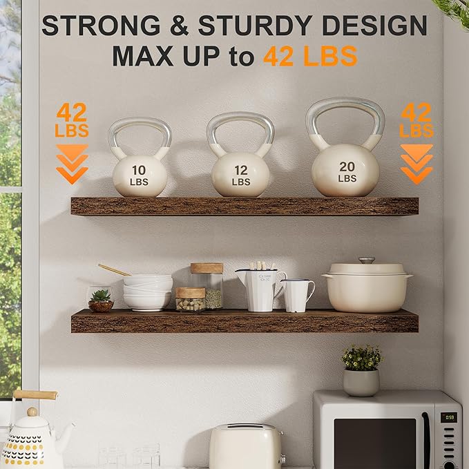40 Inch Floating Shelves Set of 2, 8 Inch Deep Wall Shelf, Rustic Wood Storage Shelves for Bedroom, Kitchen, Bathroom, Wall-Mounted Shelf with Invisible Brackets for Books|Storage, Rustic Brown