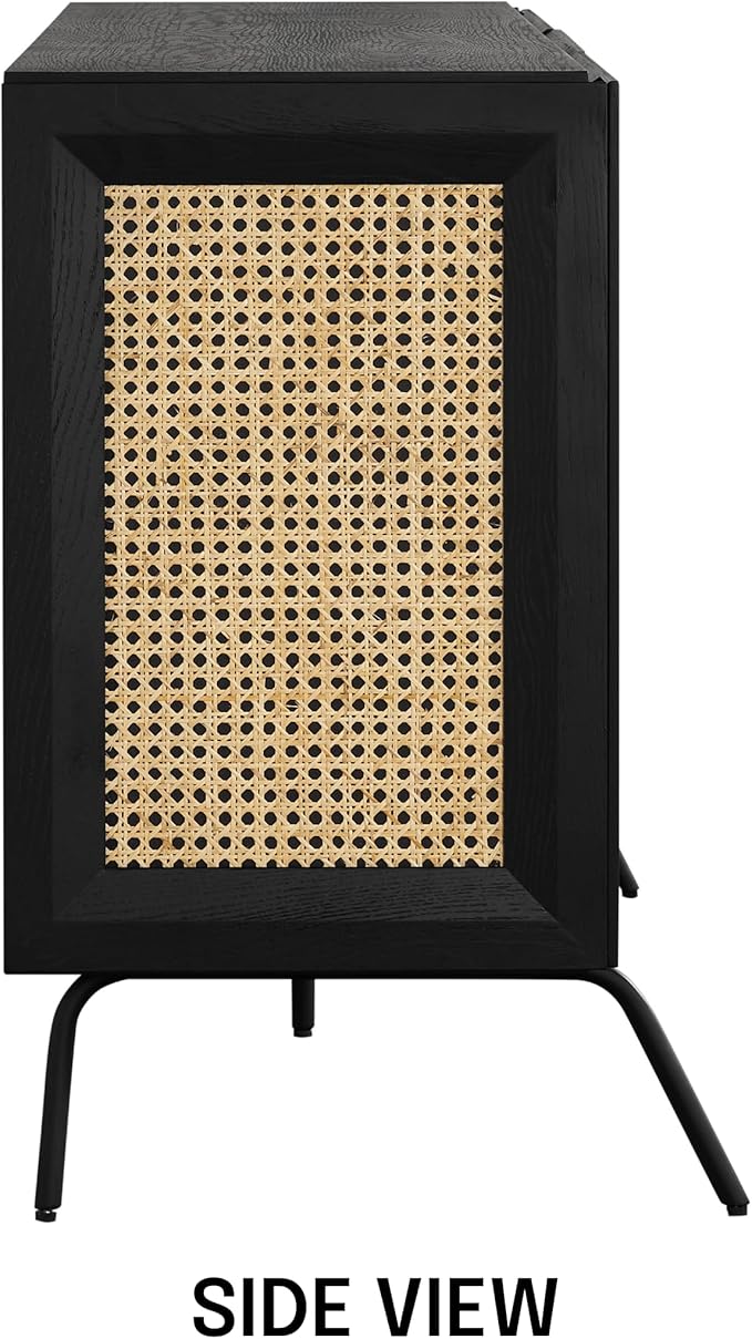 NTC MOSSIC Sideboard with 2 Doors and 3 Drawers, Buffet Cabinet with Natural Rattan and Metal Legs, Modern Storage Cabinet for Living Room, and Hallway, Effortless Assembly - Burnt Black