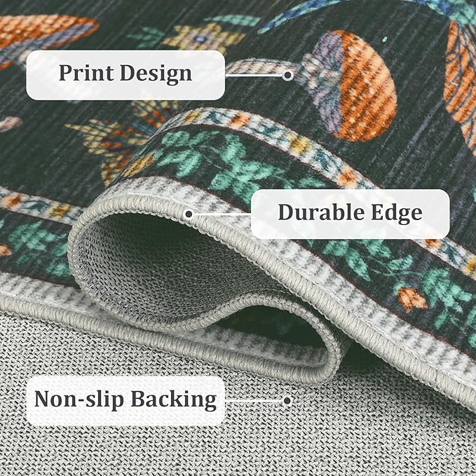 Mushroom Insect 4ft Round Rug Washable Non-Slip Soft Ultra-Thin Small Boho Circle Carpet for Entryway Kitchen Bedroom Nursery Dining Room Black