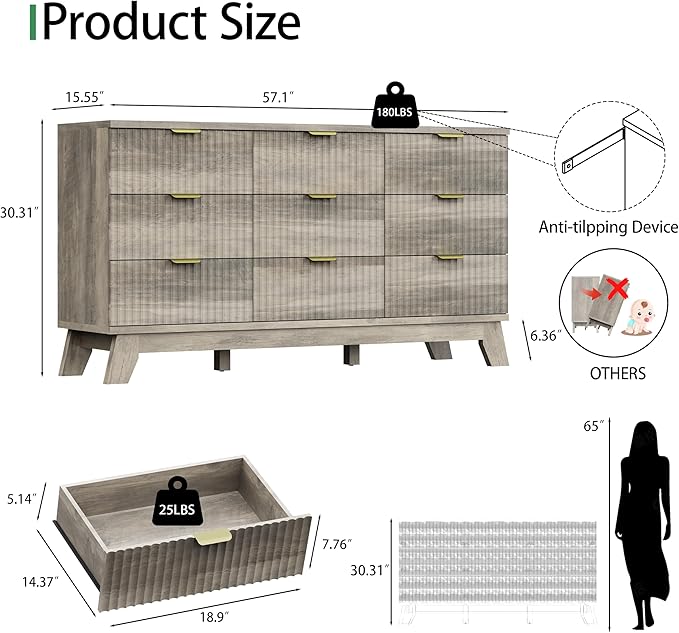 Fluted Dresser for Bedroom with 9 Drawers, 57" Wide Modern Chest of Drawers with Metal Handle, Wooden Dresser TV Stand, Wood Closet Clothes Storage Organizer for Living Room, Hallway, Grey