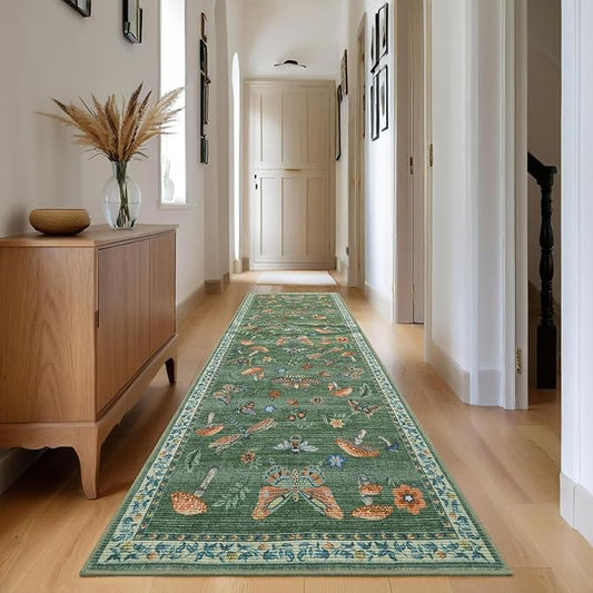2.5x10 Runner Rug for Hallway Washable Kitchen Rugs Non Slip with Rubber Back Mushroom Soft Low-Pile Stain Resistant Foldable Indoor Carpet for Entryway Laundry Room Floor Mats Green