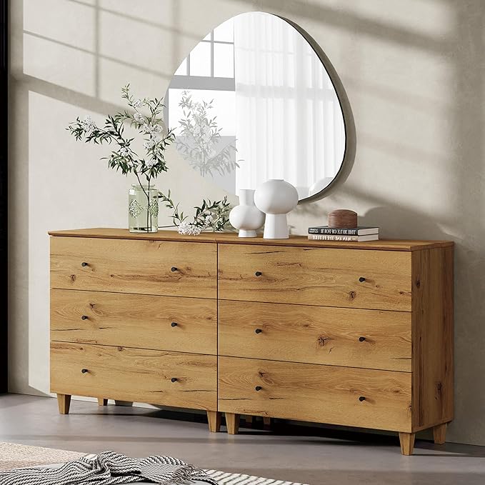 WAMPAT Dresser with 6 Drawers, Bedroom 70.8" Wide Wooden Chest of Drawers, Modern Dressers Closet Storage Organizer w/Solid Wood Legs for Living Room, Kids Room, Nursery, Oak Brown