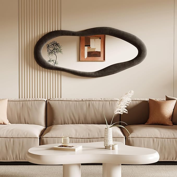 Honyee 55" x 24" Wavy Mirror, Flannel Wrapped Wooden Frame, Irregular Hanging for Cloakroom/Bedroom/Living Room, Black