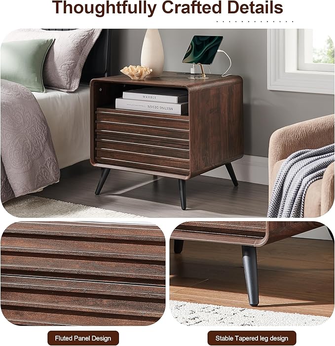 RedLemon 24" Nightstand with Charger Station, Mid Century Modern Fluted End Table with 2 Drawers, Wooden Side Table with Open Cubby Storage for Living Room, Bedroom, Office (Dark Walnut)
