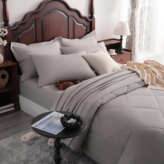 NTBAY Queen Comforter Set with Sheets, 7 Pieces Soft and Breathable Queen Bedding Set, Bed in a Bag, Down Alternative Comforter Set Solid Color All Season, Queen Bedding Set, Smoke Grey