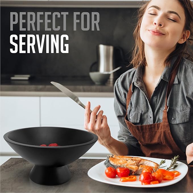 Black Pedestal Bowl - 10 Inch, Wide Black Footed Bowl as Fruit, Key, Decorative, Candy Holder or Centerpiece, Wooden Bowl Decorative for Kitchen, Dining Table & Modern Home Accessories