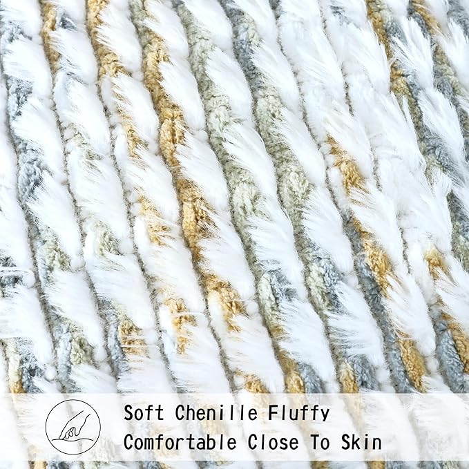 Boho Chenille Tufted Pillow Cover 18x18 Inch Set of 1, Farmhouse Striped Decorative Pillow Covers Accent Fluffy Neutral Square Pillowcases for Couch Sofa Bedroom Living Room, Gray Khaki