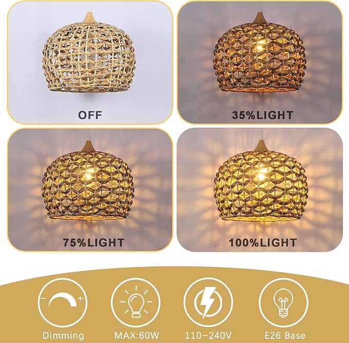 Boho Pendant Lights, 15.7" 1-Light Rattan Chandelier Hand-Woven Wicker Pendant Light with Water Hyacinth Shade, Coastal Dome Hanging Light for Dining Room Kitchen Island