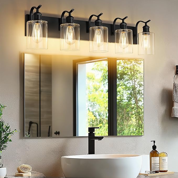 5 Light Bathroom Vanity Light, Black Light Fixture Morden Bathroom Lighting Fixtures Over Mirror Black Wall Sconces with Clear Glass Shade ZCVL01BK-5
