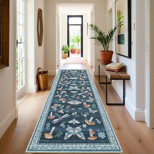 2.5x10 Runner Rug for Hallway Washable Kitchen Rugs Non Slip with Rubber Back Mushroom Soft Low-Pile Stain Resistant Foldable Indoor Carpet for Entryway Laundry Room Floor Mats Blue