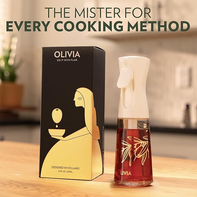 FLAIROSOL OLIVIA Oil Sprayer for Cooking, 200ml Glass Olive Oil Sprayer, Continuous Cooking Spray Bottle with Portion Control, Olive Oil Dispenser for Kitchen, Air Fryer, Salad, BBQ (Golden Leaves)