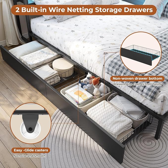 DICTAC Full Corner Bed Frame with Bookcase Storage and Led Lights Metal Platform Bed Frame Full Size with Storage Drawers & Charging Station Full Size Daybed for Teen/Adult,No Box Spring Needed,Black