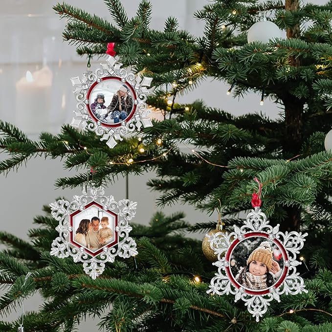 West style Snowflake Picture Frame Ornament Christmas Tree Ornaments Metallic Hanging Home Deco Hanging Pendant Holiday Keepsake Gift (Red, C Snowflake)