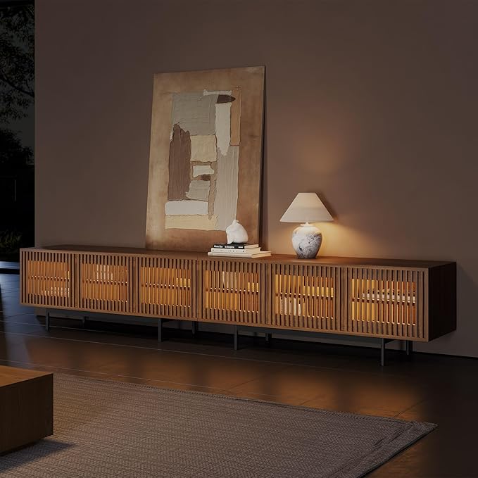 POVISON Fully Assembled Mid-Century Modern TV Stand with Slatted Doors, 118.11" Wood Media Console with LED Lights, TV Console with Tall-cast Metal Legs, Entertainment Center with Storage