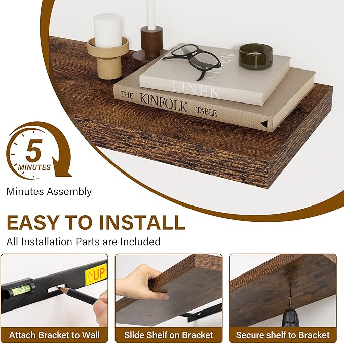 Fun Memories 55 Inch Floating Shelves for Wall 2 Pack Shelves for Bedroom|Kitchen|Bathroom Wall Mounted Rustic Wood Floating Shelf with Invisible Brackets for Books|Storage|Decor, Rustic Brown