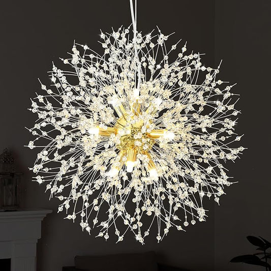 Qamra Modern Gold Crystal Chandeliers, Firework Dandelion Sputnik Chandelier Light Fixture Pendant Lighting for Dining Room, Bedroom, Kitchen, Living Room(9-Light, Gold)