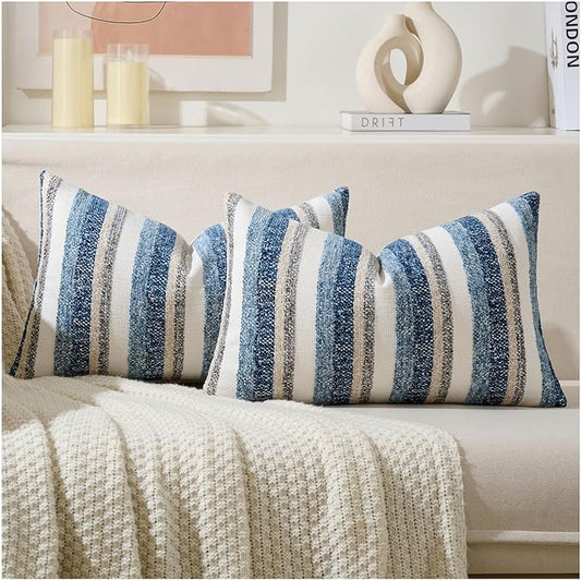 Zealax Modern Farmhouse Decorative Lumbar Pillow Covers 12x20 Inch Boho Throw Pillows Neutral Soft Chenille Couch Cushion Covers, Set of 2 Velvet Striped Accent Pillows Cases for Sofa Bed, Blue