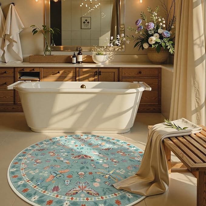 Lahome Insect Washable Round Rugs, Non-Slip Soft Round Rug 4ft Ultra-Thin, Small Boho Circle Carpet for Entryway Kitchen Bedroom Nursery Bathroom, Green