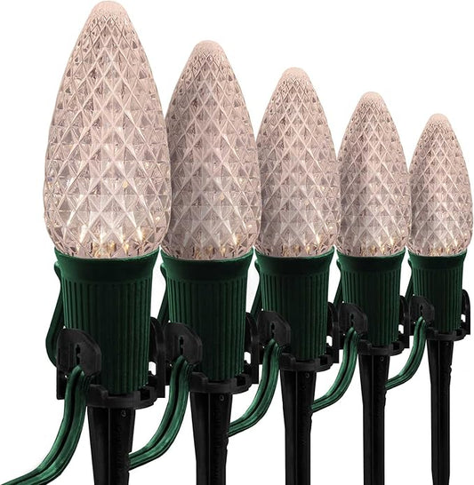 Wintergreen Lighting OptiCore LED C9 Green Christmas Pathway Lights, Heavy Duty Bulbs for Driveway, Walkway Marker, 5" Commercial PathPRO Stakes, 18 Gauge Plug-in Green Wire, 100 Lights, 100 ft