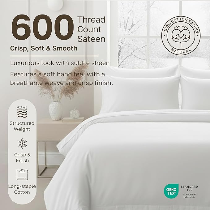 California Design Den Full Size Bed Sheets Set - Luxury 600 Thread Count 100% Cotton Sateen, Cooling Sheets, Deep Pockets with All Around Elastic for a Snug Fit, Hotel Quality Bedding Set - White