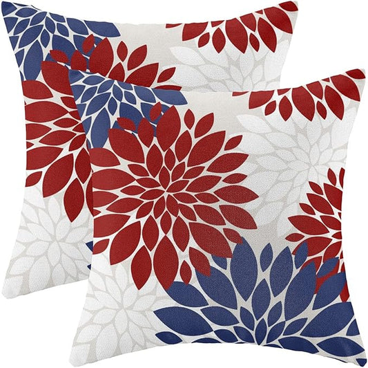 4th of July Pillow Covers 24x24 Inch Set of 2 Patriotic Themed Navy Blue Red White Dahlia Floral Decor Throw Pillows Modern Geometry Flower Outdoor Decorative Cushion Cases for Sofa Couch Bed