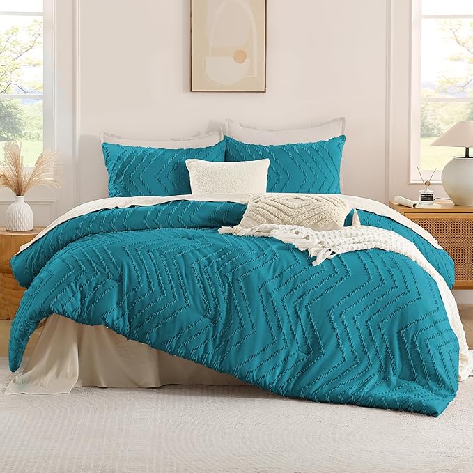 Andency Turquoise Comforter Set Queen Size, Boho Soft Warm Tufted Bedding Comforter Sets for Queen Size Bed, 3 Pieces Aesthetic Chevron Farmhouse Cute Bohemian Textured Bed Set
