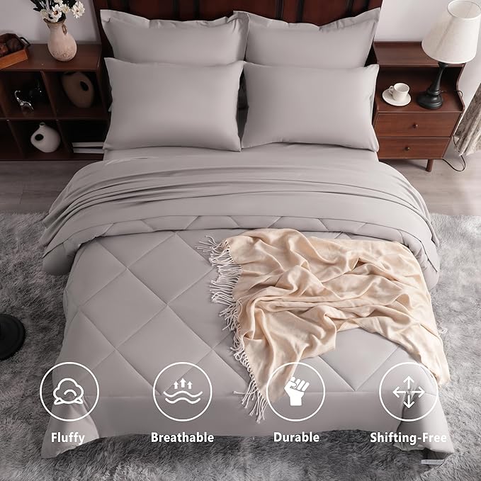 NTBAY King Comforter Set with Sheets, 7 Pieces Soft and Breathable King Bedding Set, Bed in a Bag, Down Alternative Comforter Set Solid Color All Season, Smoke Grey