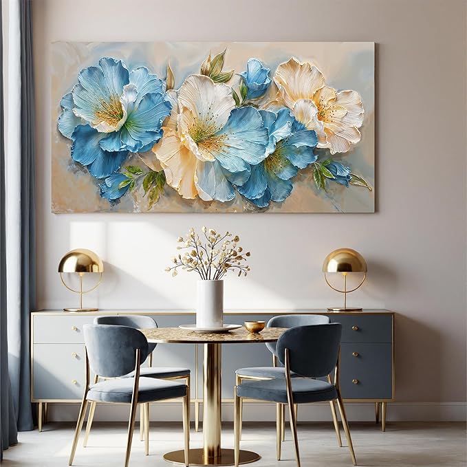 Canvas Wall Art Decor large White Blue Flower Art pictures for living room wall Green Botanical Wall Art Decor Paintings Prints Modern Aesthetics Wall Art For Bedroom Office Room Wall Decor 24×48Inch