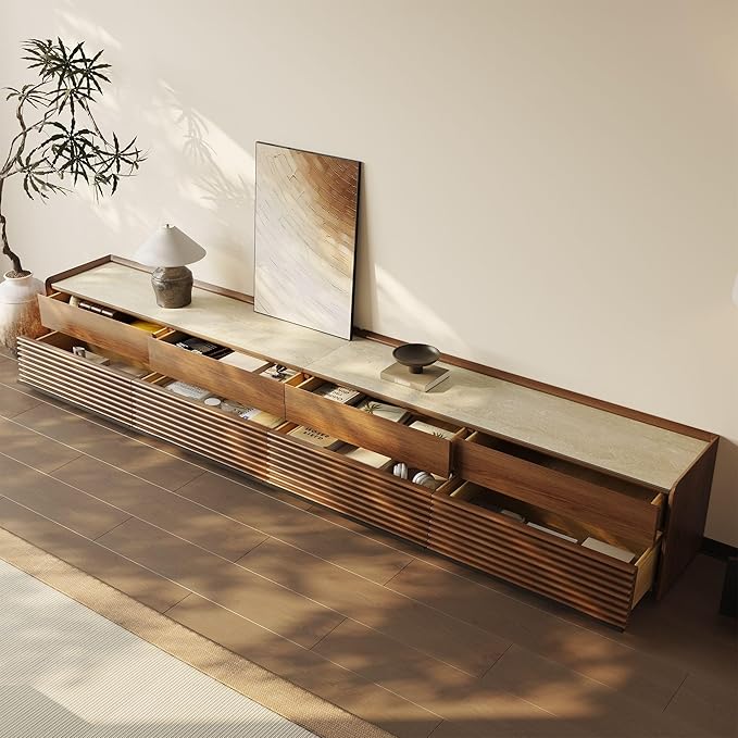 POVISON Fully-Assembled Mid Century Glossy Sintered Stone TV Stand, 118.11" Wood Media Console with Adjustable LED Light, Entertainment Center with Storage for Living Room(Walnut)