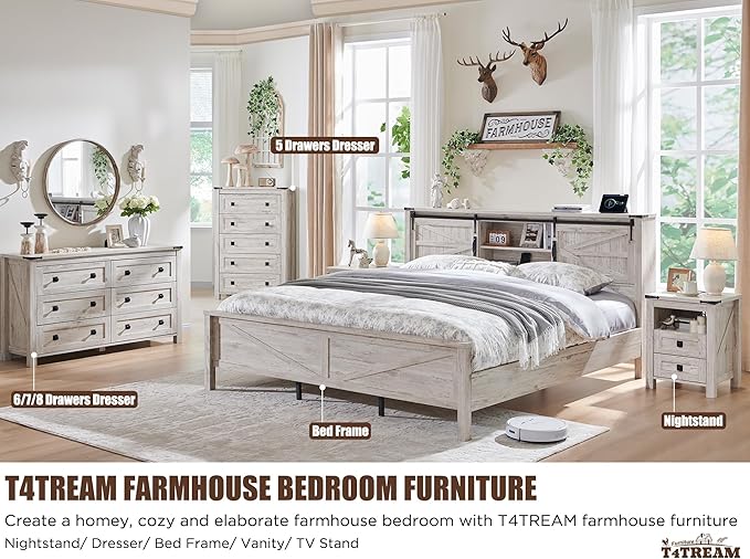 T4TREAM Farmhouse 6 Drawers Dresser for Bedroom, Wood Rustic Wide Chest of Drawers, Storage Dressers Organizer for Bedroom, Living Room, Hallway, Antique Brush White